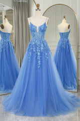 Vestido de fiesta largo azul Vestido formal barato de una línea de tul con apliques