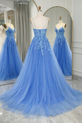 Vestido de fiesta largo azul Vestido formal barato de una línea de tul con apliques