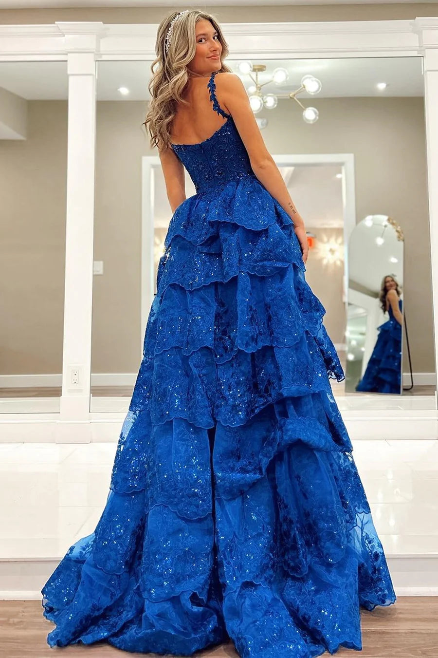Blue Ruffle Tiered Prom Dresses Tulle Sequin Sweetheart Long Formal Gown - MyChicDress
