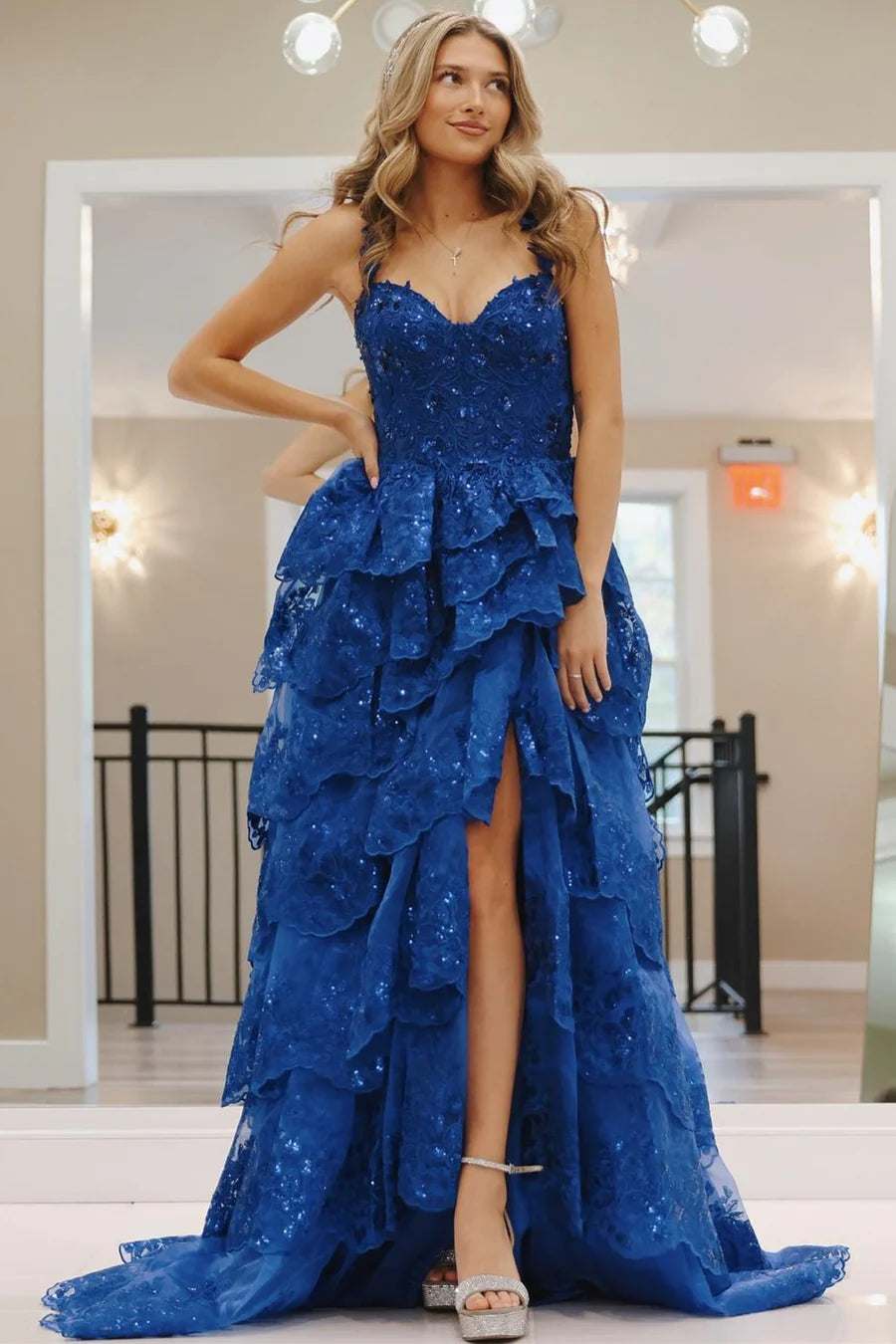 Blue Ruffle Tiered Prom Dresses Tulle Sequin Sweetheart Long Formal Gown - MyChicDress