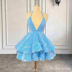 2024 vestidos de fiesta de lentejuelas azules sin mangas con cuello en V una línea de vestidos de cóctel