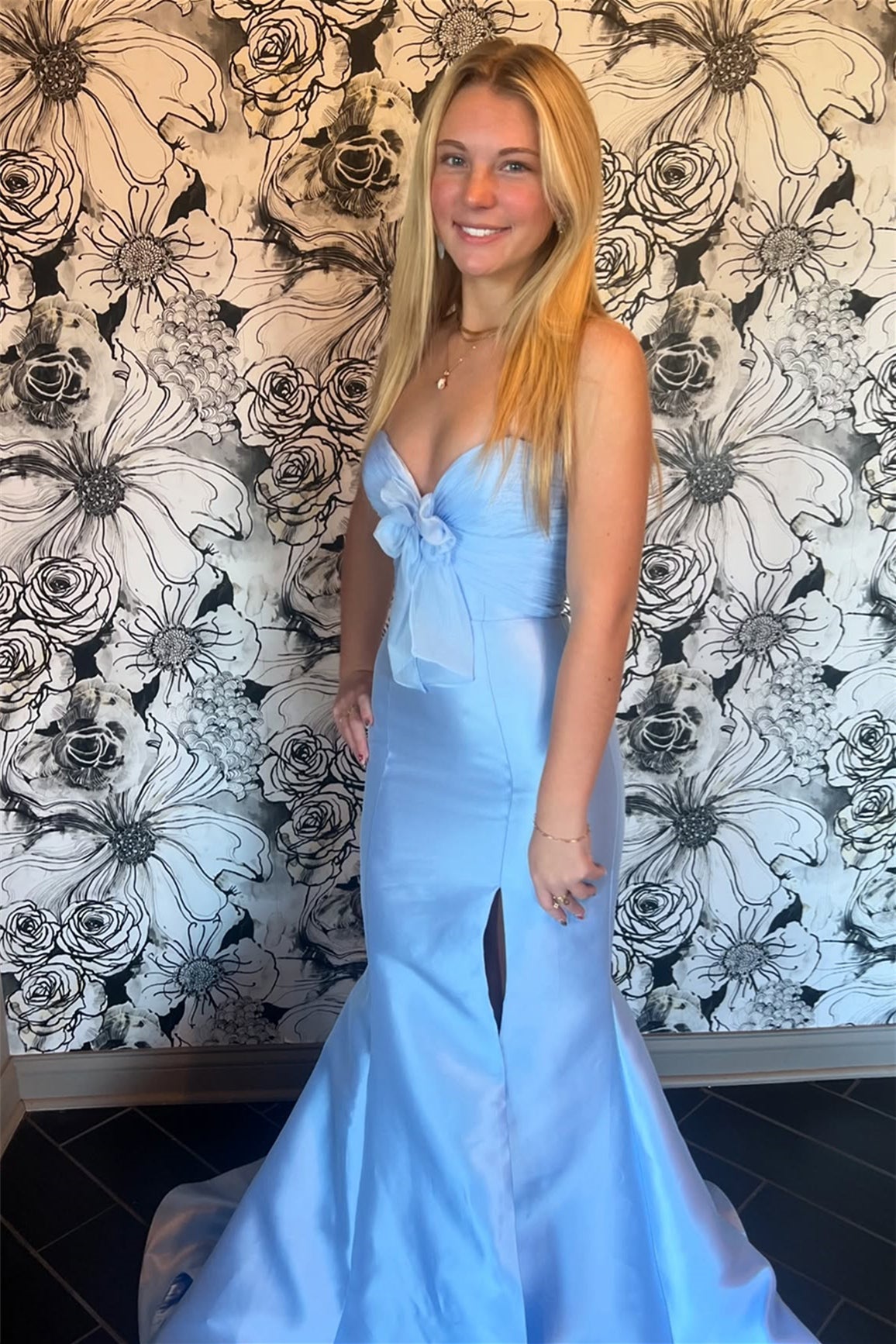 Blue Mermaid Satin Prom Dress Strapless Tulle Bow mychicdress