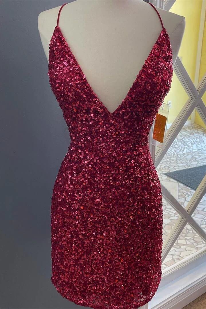 Burgundy Tight Homecoming Dress Short Sequined Hoco Dress MyChicDress