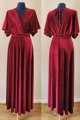 Burgundy Velvet Winter Formal Dresses V-Neck Long Bridesmaid Dress MyChicDress