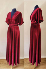 Burgundy Velvet Winter Formal Dresses V-Neck Long Bridesmaid Dress MyChicDress