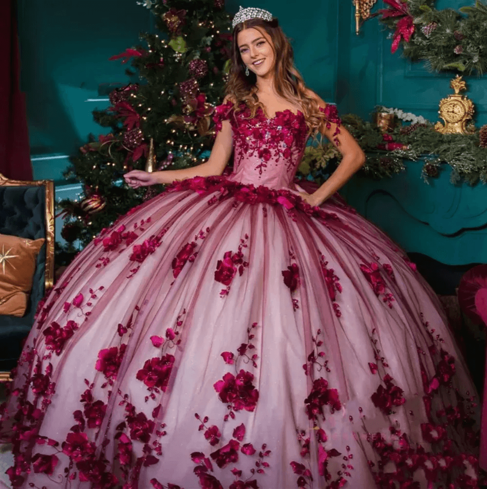 Burgundy vestidos de quinceanera 15 16 Dresses 3D floral Birthday Gowns - MyChicDress