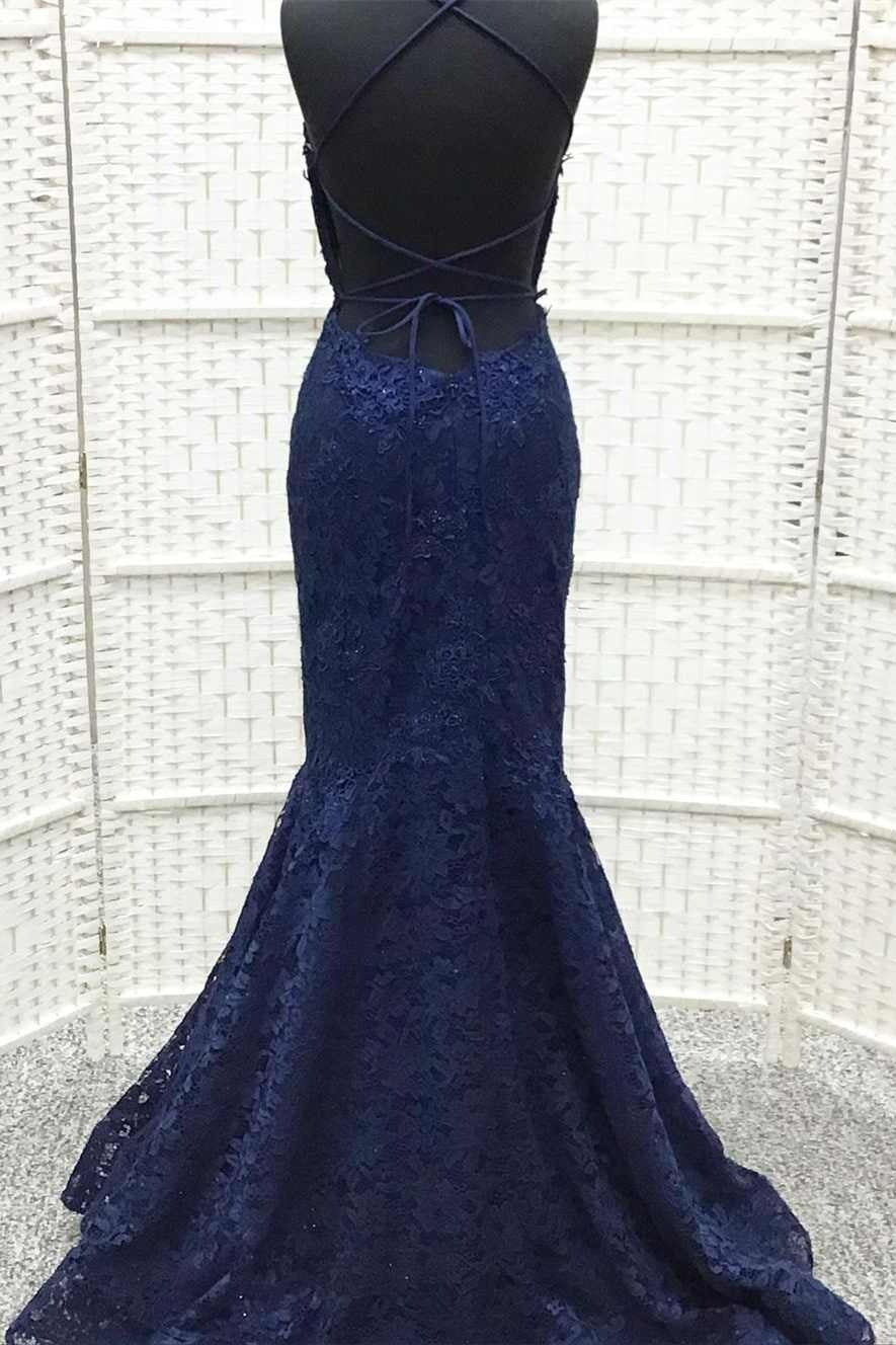 Buy Dark Navy Blue Long Prom Dress Lace Embroidered Trumpet