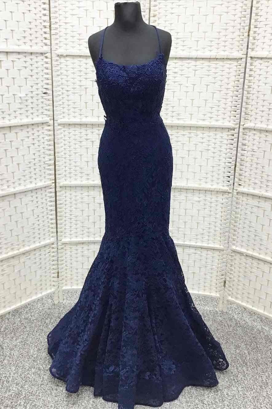 Buy Dark Navy Blue Long Prom Dress Lace Embroidered Trumpet