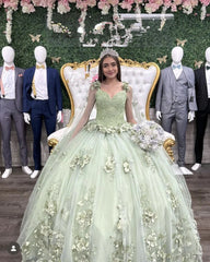 Vestidos de quinceañera verde salvia de talla grande con flores 3D baratos 2024