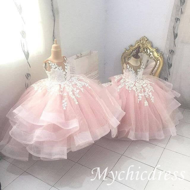 Cheap Ball Gown Pink Flower Gril Dresses White Lace Applique - MyChicDress