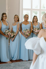 Cheap Chiffon Dusty Blue Ruched Bridesmaid Dresses Bow Tie