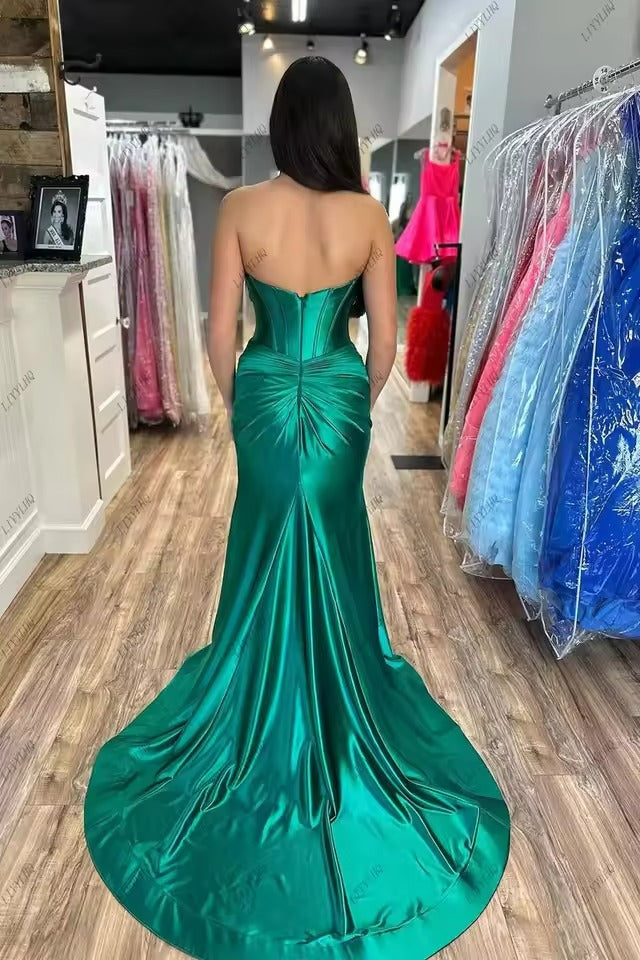 Vestidos de fiesta de satén verde esmeralda baratos, vestidos formales largos con abertura
