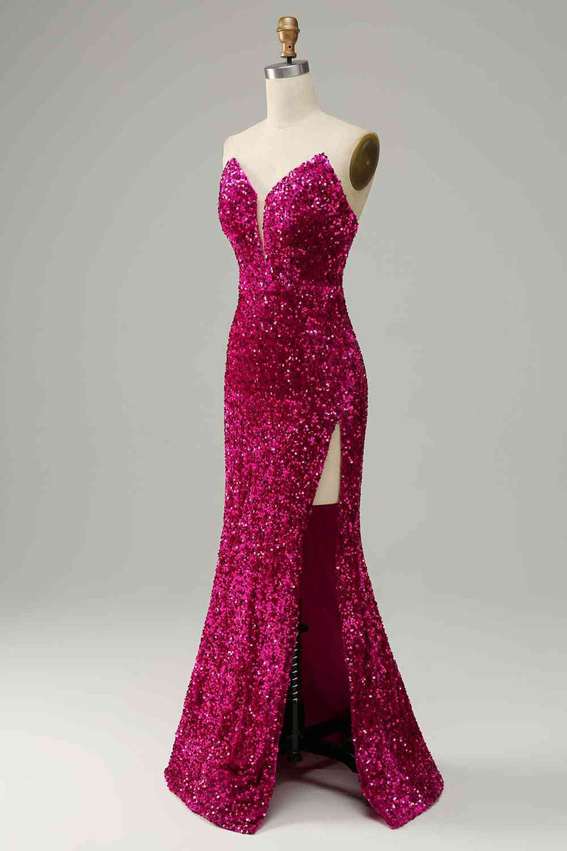 Custom Made Fuchsia Sequins Magenta Prom Dresses Strapless with Slit - MyChicDress