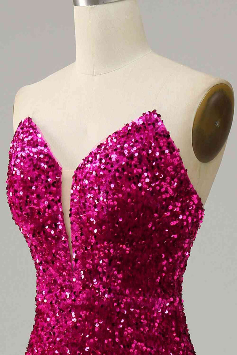 Custom Made Fuchsia Sequins Magenta Prom Dresses Strapless with Slit - MyChicDress