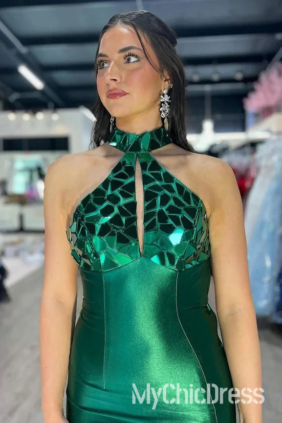 Vestido de fiesta de corte de espejo con cuello alto y lentejuelas de color verde sirena, económico