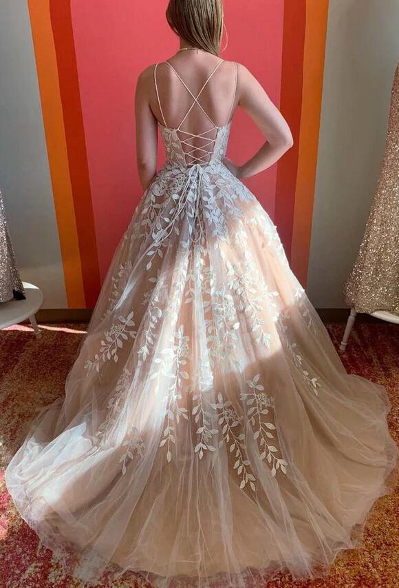 Cheap Long Leaf Lace Prom Formal Dress Ball Gown Straps - MyChicDress