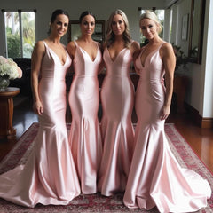 Vestidos de dama de honor largos y baratos de color rosa, vestido de fiesta de boda con cuello en V de sirena