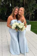 Cheap Mermaid Ice Blue Satin Bridesmaid Dress Strapless Slit