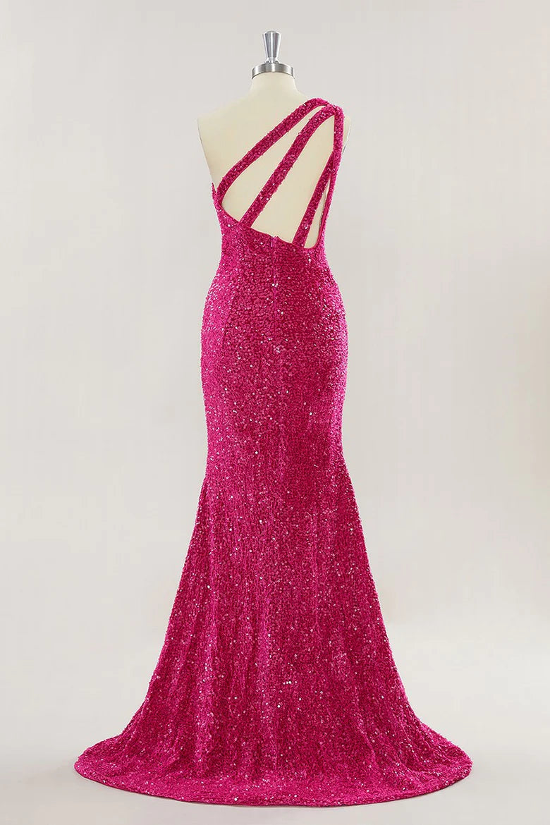 Cheap One Shoulder Long Prom Dress Hot Pink Sequins Mermaid Slit - MyChicDress