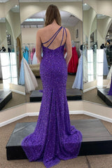 Cheap Purple Sequins Long Prom Dresses Mermaid One Shoulder Formal Wears - MyChicDress