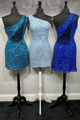Barato azul real 2024 vestidos de fiesta vestido Hoco corto con lentejuelas y un hombro