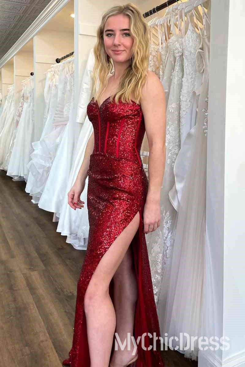 Vestido formal largo rojo con lentejuelas y abertura, económico