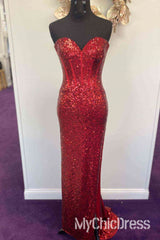 Vestido formal largo rojo con lentejuelas y abertura, económico