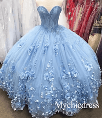 Cheap Sky Blue Quinceanera Dresses Beaded Off the Shoulder with 3D Flowers - MyChicDress