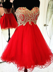 Vestidos de fiesta rojos baratos con apliques dorados y escote corazón para quinceañera