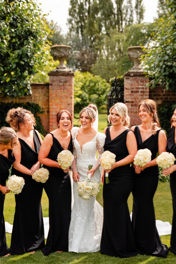 Vestido de dama de honor barato color champán, estilo sirena y cuello vuelto