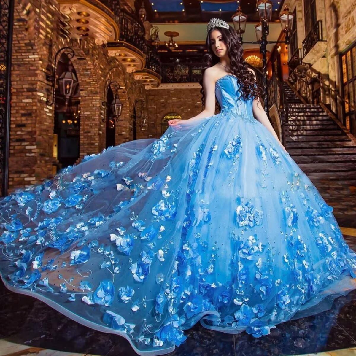 Vestidos de quinceañera azules económicos con cuentas y hombros descubiertos con flores 3D