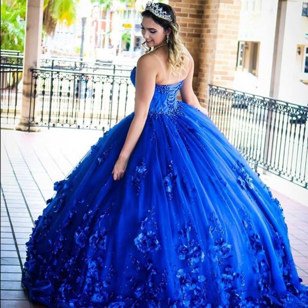 Vestidos de quinceañera azules económicos con cuentas y hombros descubiertos con flores 3D