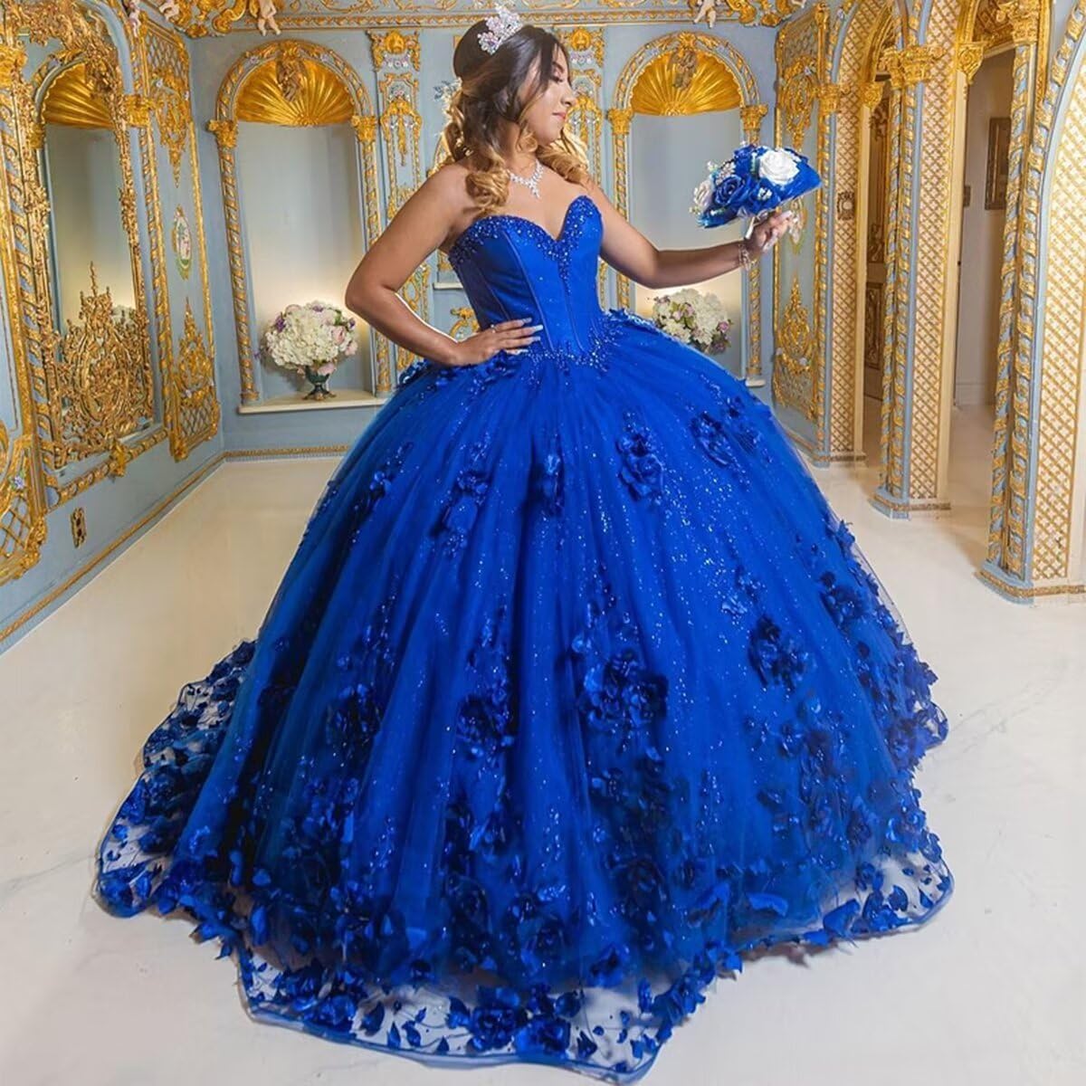 Vestidos de quinceañera azules económicos con cuentas y hombros descubiertos con flores 3D