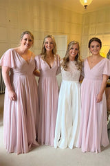 Chiffon Long Pink Bridesmaid Dress A-Line V-neck Wedding Party Dress MyChicDress