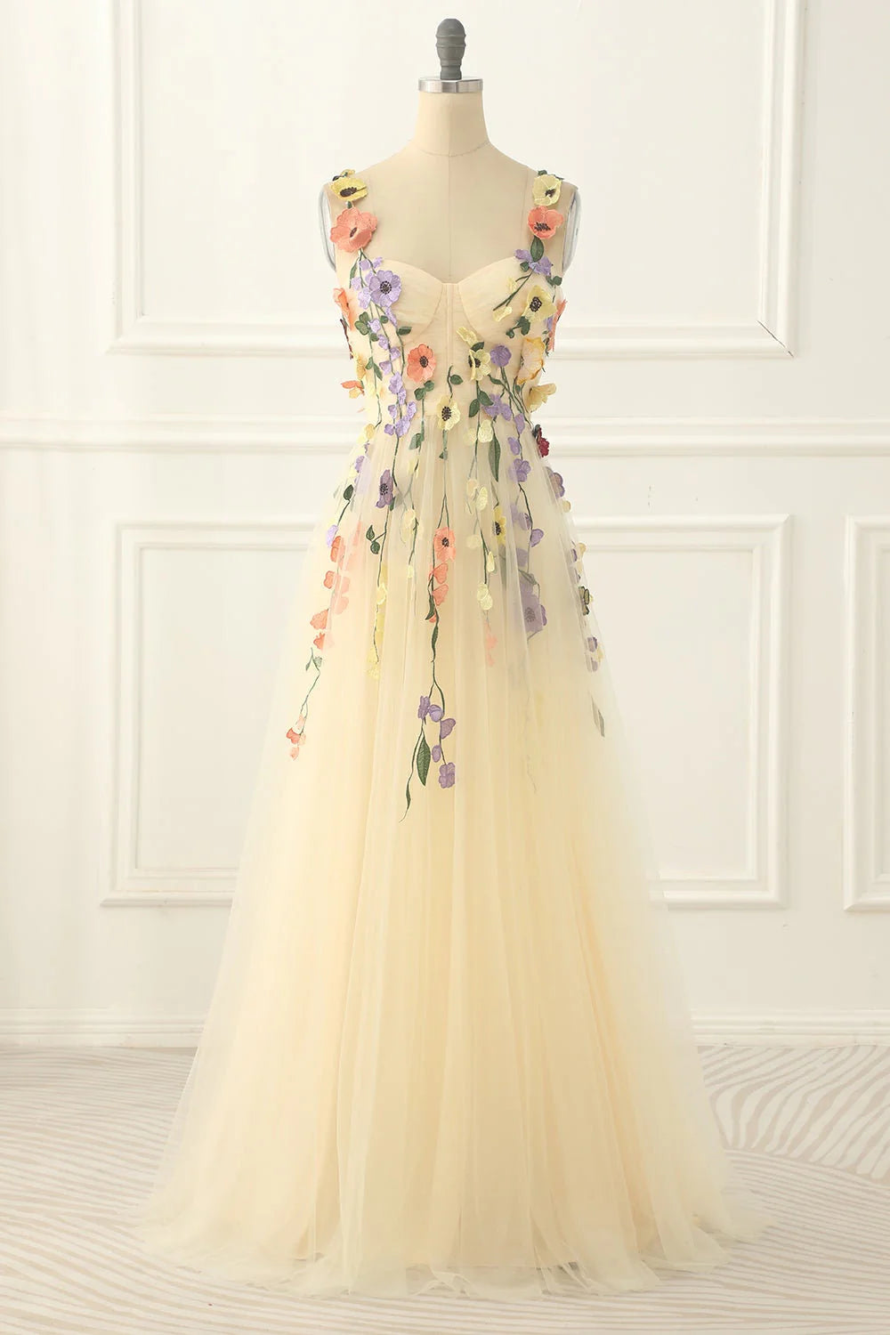 Long Yellow Floral Prom Dresses Sweetheart Evening Dress