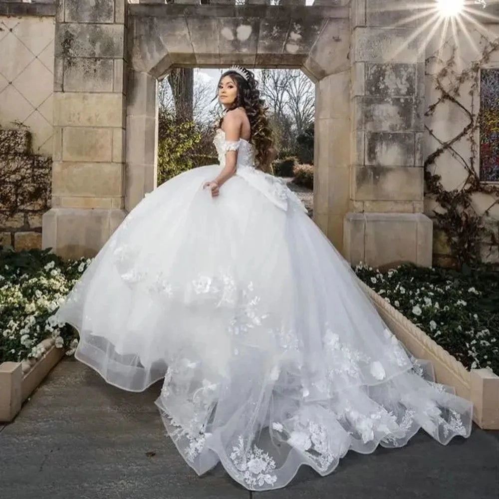 Corset Lace Quinceanera Dresses White with 3D Flowers Appliques Ruffles