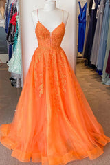 Corset Orange Prom Dress Lace A Line Spaghetti Straps Appliques