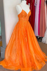 Corset Orange Prom Dress Lace A Line Spaghetti Straps Appliques