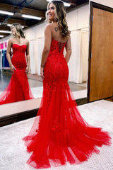 Corset red Prom Dress Mermaid Lace Long Beaded Formal Dresses Strapless