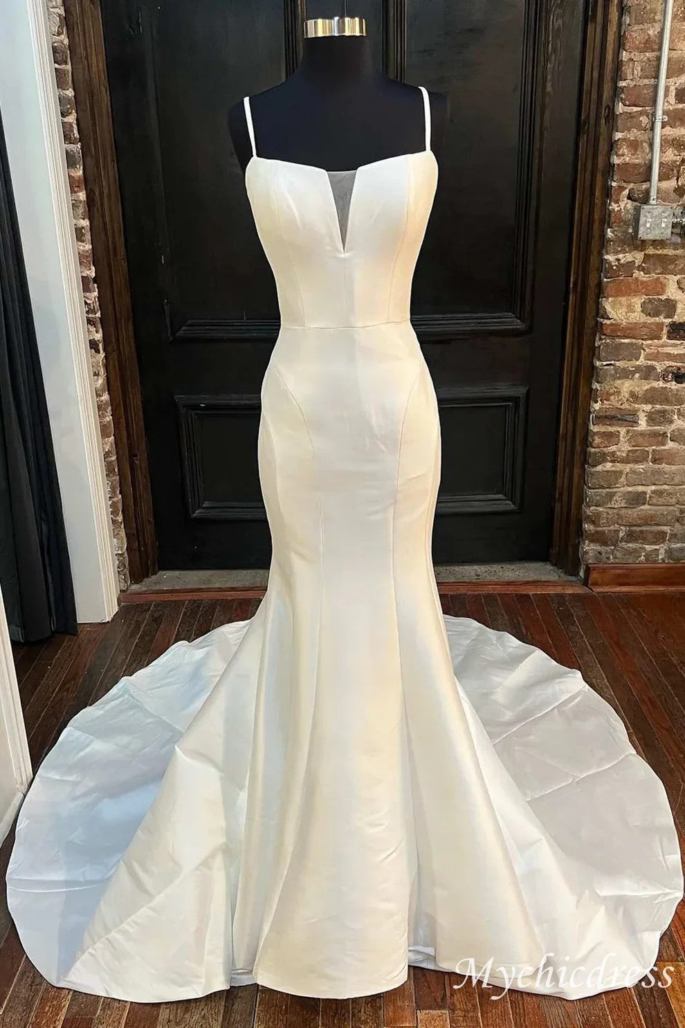 Custom Made Mermaid Long Satin Wedding Dresses Spaghetti Straps