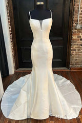 Custom Made Mermaid Long Satin Wedding Dresses Spaghetti Straps