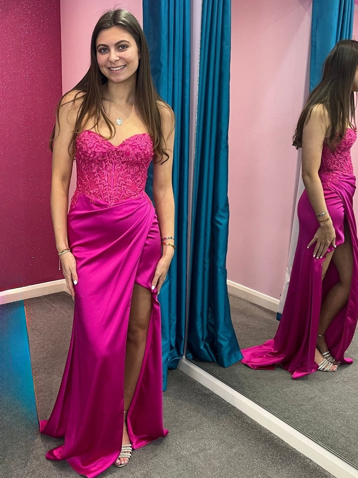 Vestido de fiesta de sirena 2025 a medida con encaje fucsia y satén fruncido