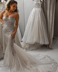 Custom Made Mermaid Silver Sequins Wedding Dresses