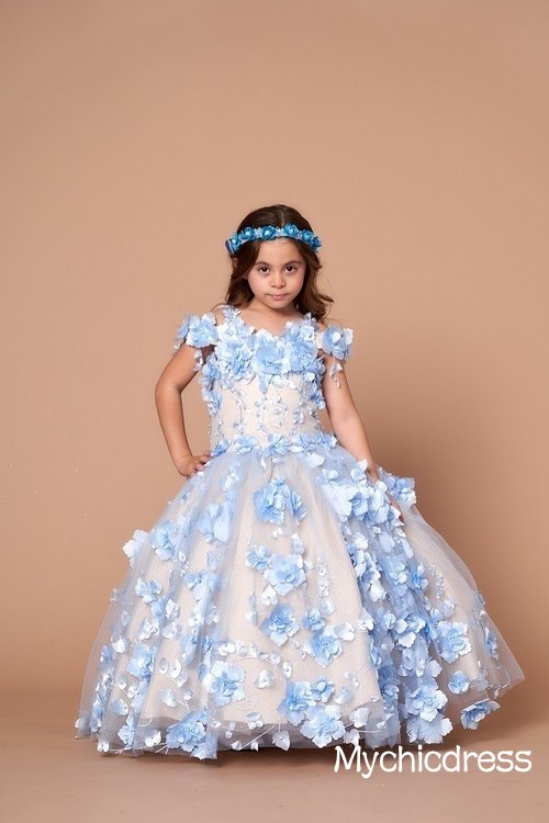 Cute Blue Floral Flower Girl Dresses Pageant Dress Mini Quinceanera Dresses MyChicDress