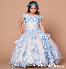 Lindo azul floral vestidos de niña de flores vestido de desfile mini vestidos de quinceañera