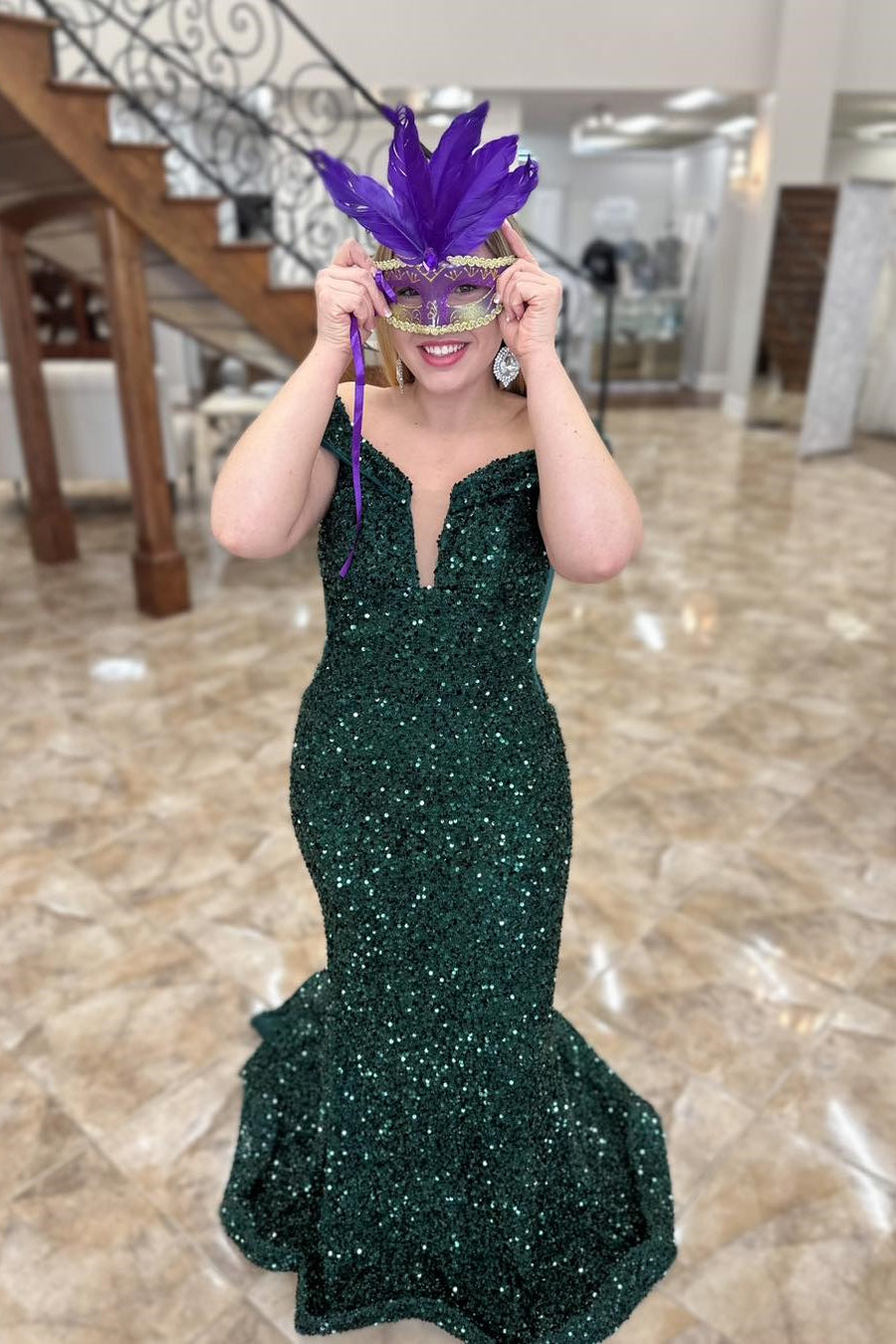 Dark Green Long Formal Prom Dress Off the Shoulder Sequin Dress Mermaid - MyChicDress