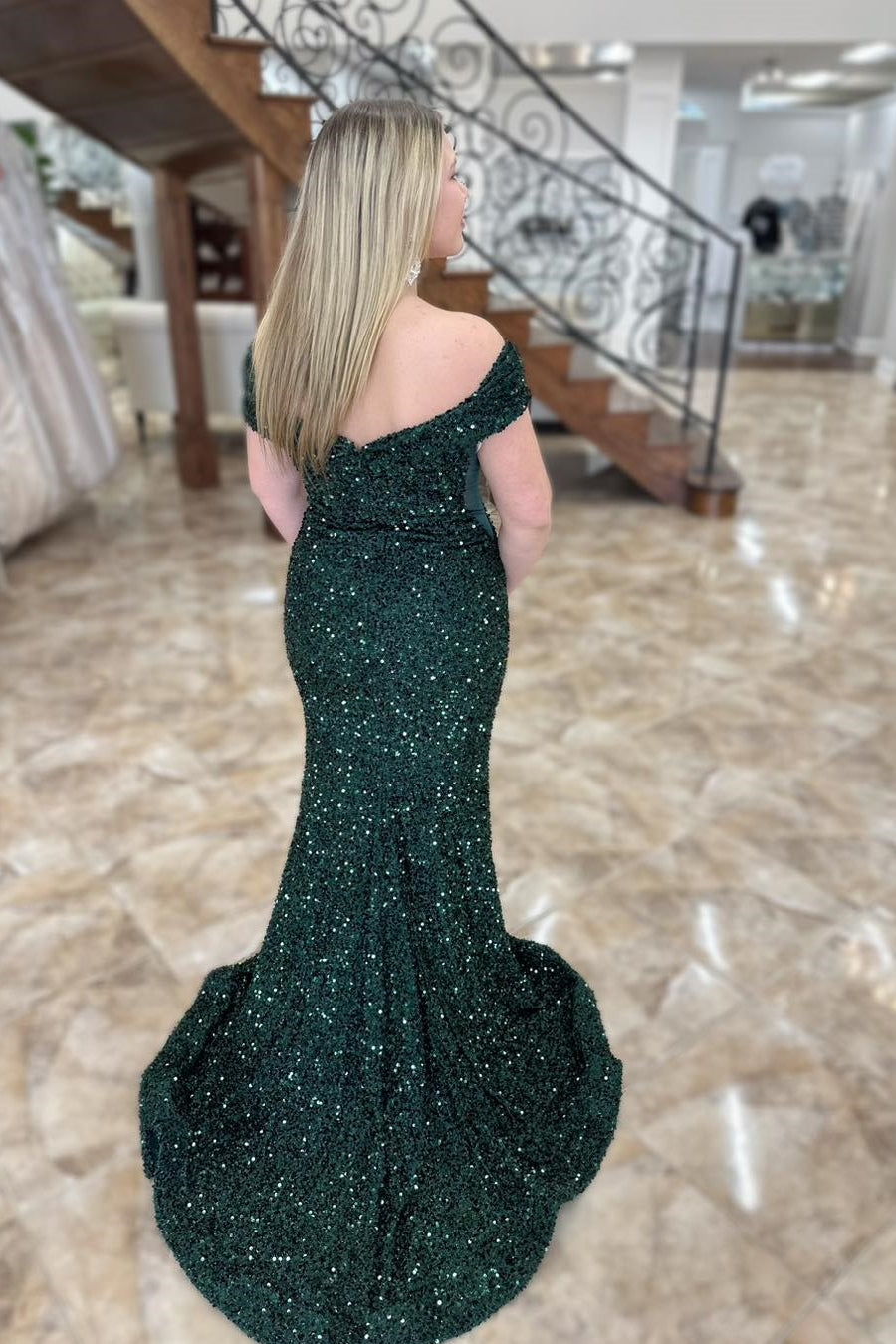 Dark Green Long Formal Prom Dress Off the Shoulder Sequin Dress Mermaid - MyChicDress