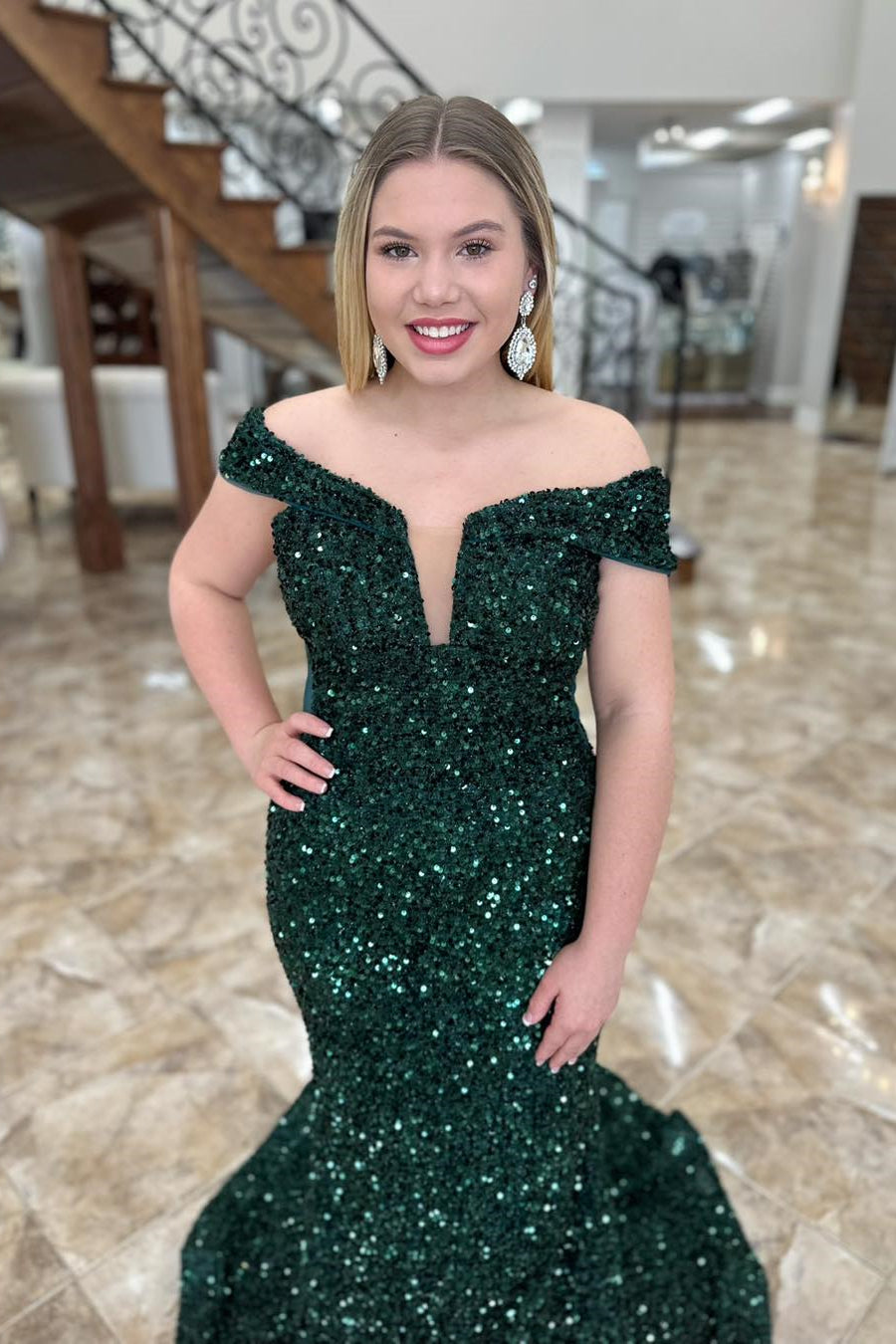 Dark Green Long Formal Prom Dress Off the Shoulder Sequin Dress Mermaid - MyChicDress
