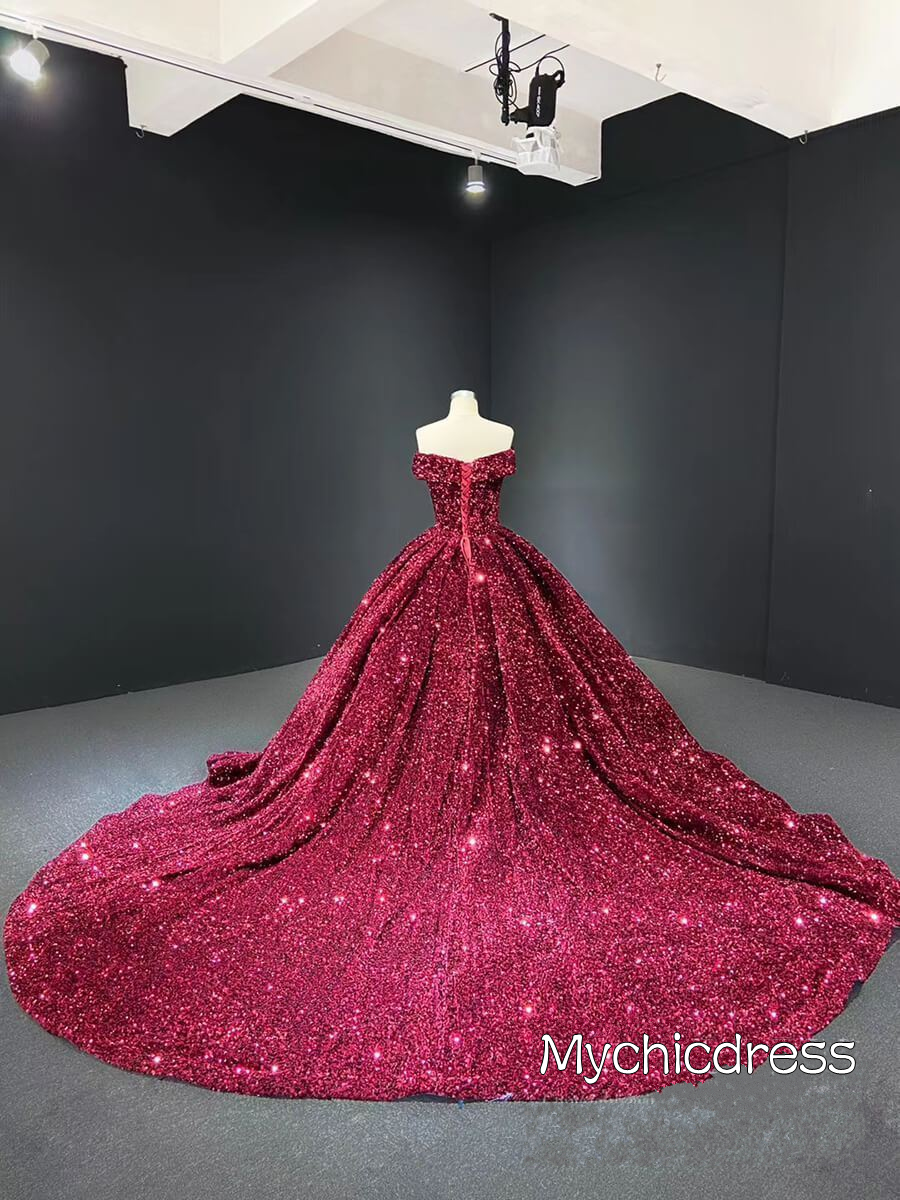 Dark Red Quinceanera Dresses Sequin Off the Shoulder Glitter Wedding Gown - MyChicDress