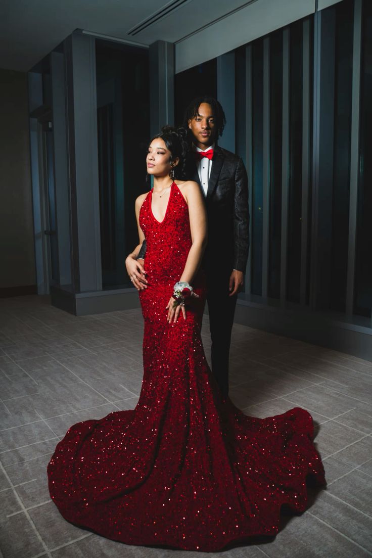 Deep V Neck 2025 Red Iridescent Sequin Prom Dress Open Back Mermaid - MyChicDress